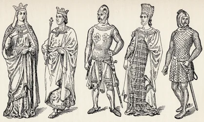 Costumes des rois et nobles espagnols du XIIIe siècle, Espagne, extrait de « Spain: A Summary of Spanish History from the Moorish Conquest to the Fall of Granada, 711-1492 », par Henry Edward Watts, publié